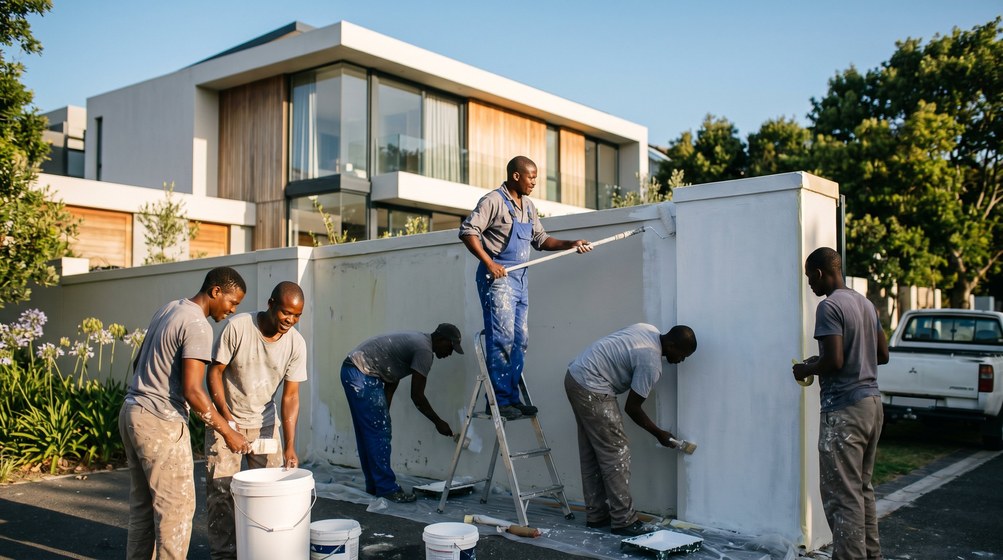 Professional team painting a boundary wall at a modern home in Century City