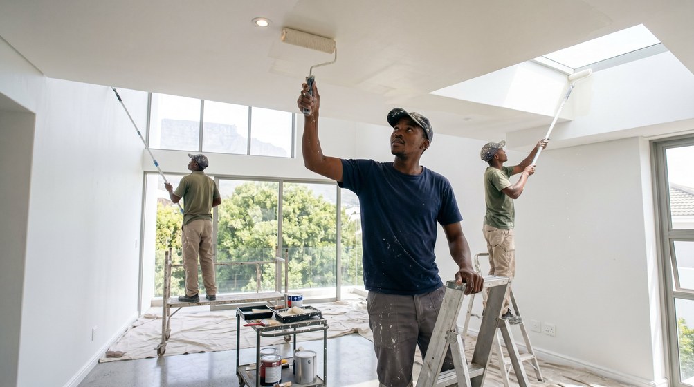 Professional ceiling painters rolling white paint onto a high ceiling in Century City