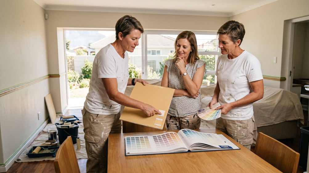 Professional colour consultant showing paint swatches to a homeowner in Century City
