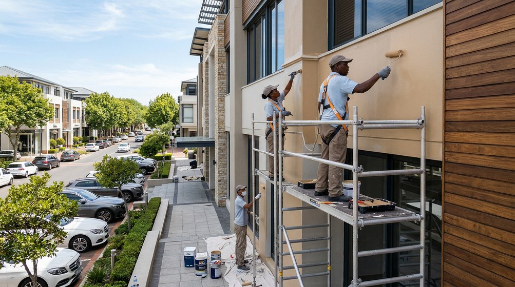 Professional commercial painters on scaffolding painting a building on the Century City area