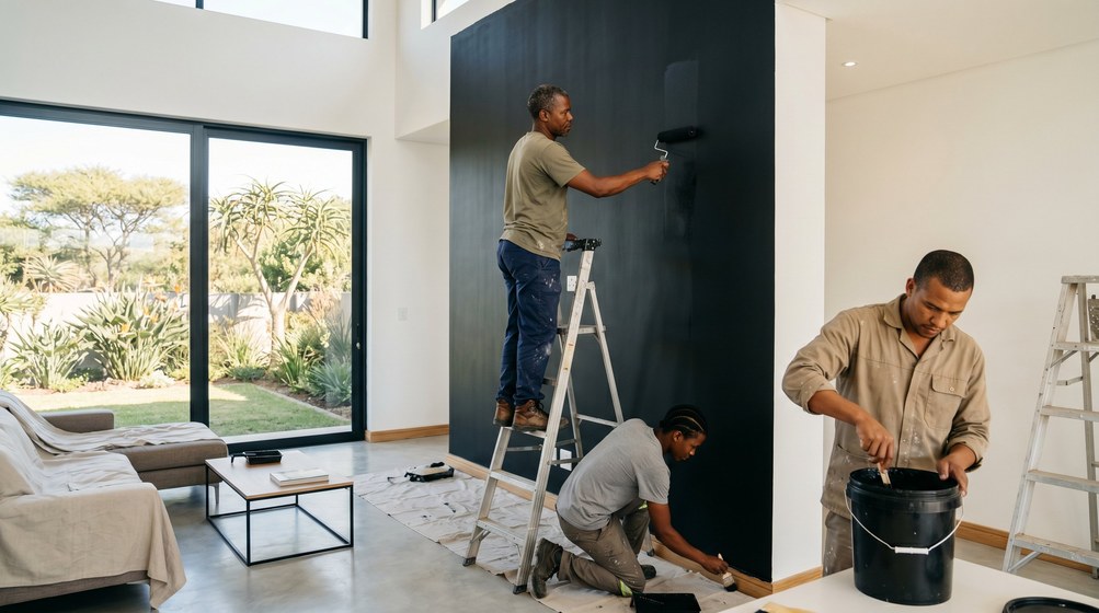 Professional painters creating a bold black feature wall in a modern Century City home