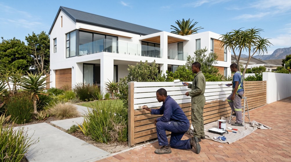 Professional fence painters painting a wooden fence at a coastal home in Century City