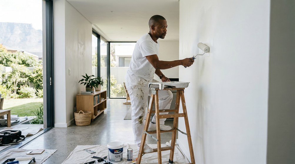 Professional interior painter in Century City painting walls with a roller