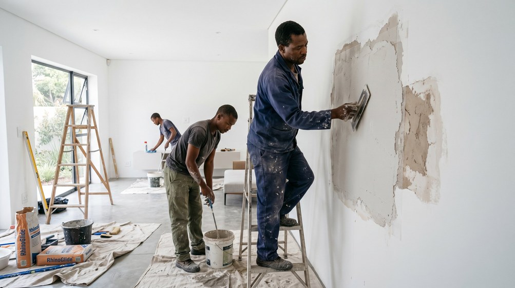 Professional plaster repair team skim coating damaged walls in Century City