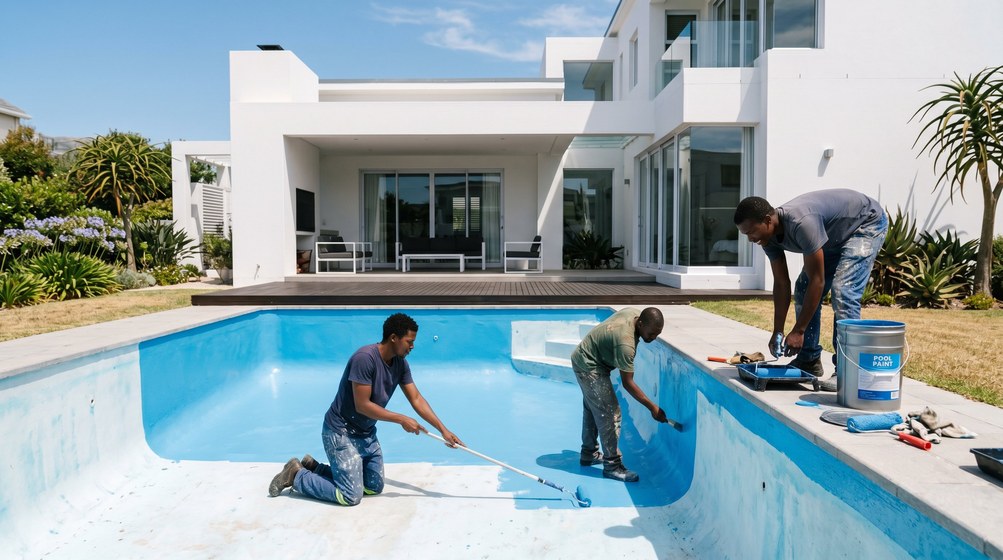 Professional pool painters applying blue pool paint to a swimming pool in Century City
