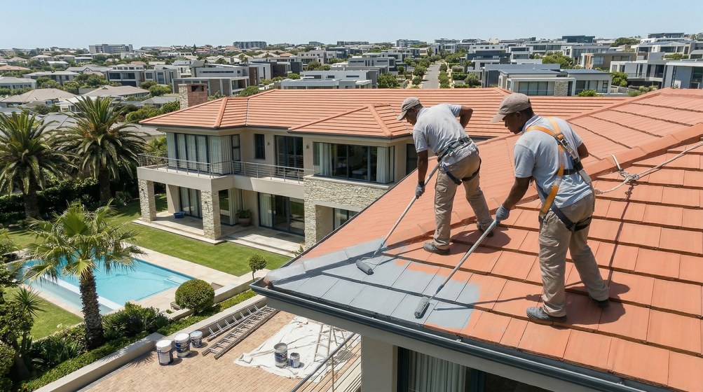 Professional roof painters applying waterproof coating to tiled roof in Century City