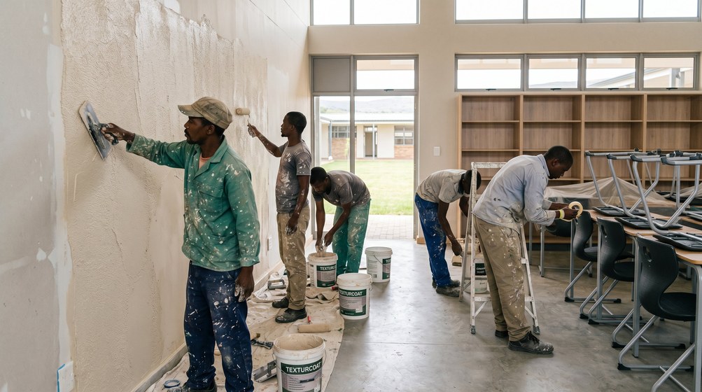 Professional texture coating team applying Texturcoat to interior walls in Century City