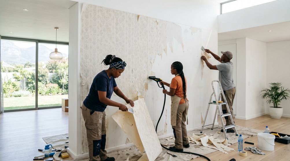 Professional wallpaper removal team stripping old wallpaper in a Century City home