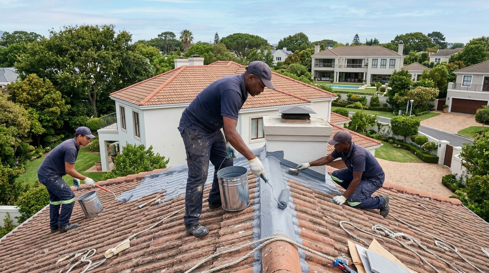 Professional waterproofing team applying membrane to roof in Century City