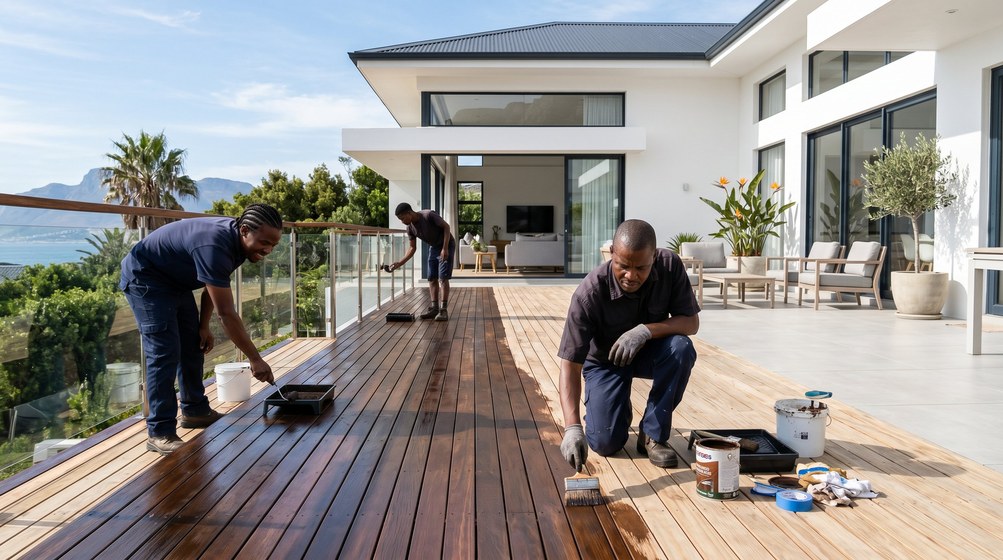 Professional wood staining team applying deck stain overlooking the ocean in Century City